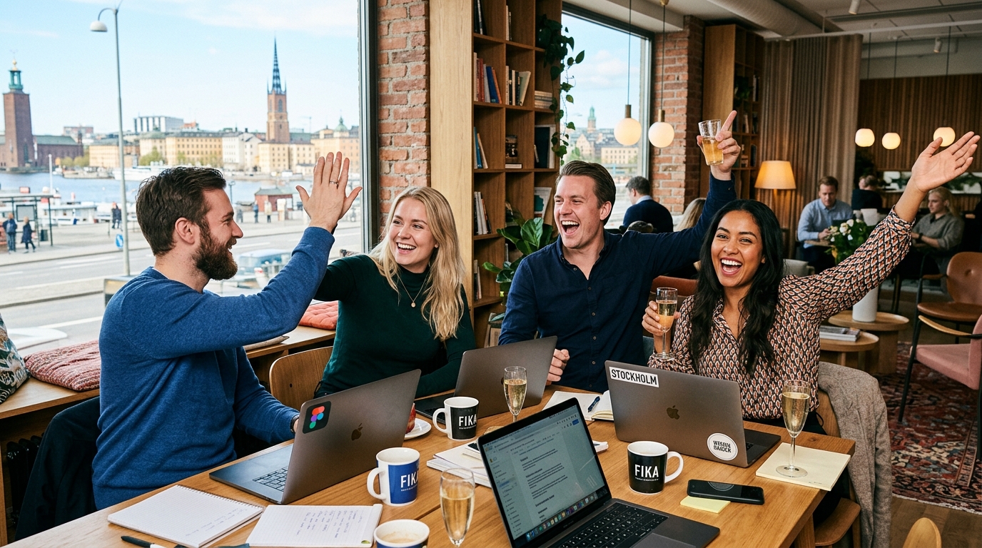 Glada grundare och entreprenörer som firar framgång med leenden och fika